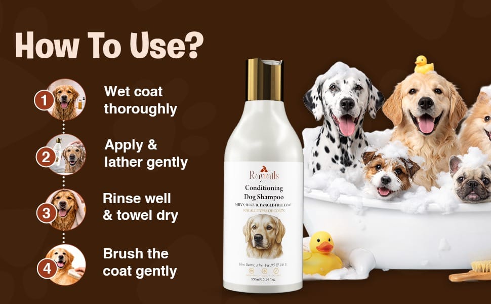 How to use RayTails dog shampoo by wetting coat massaging shampoo and rinsing thoroughly