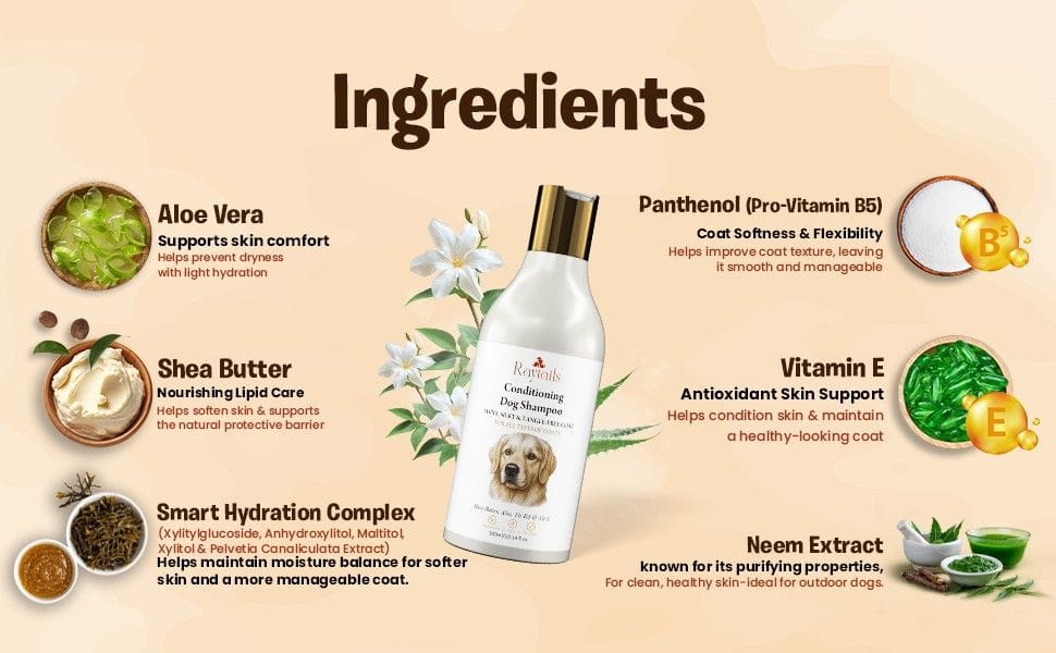 RayTails dog shampoo ingredients including oatmeal aloe vera neem and coconut based cleansers for itchy skin and hair fall control