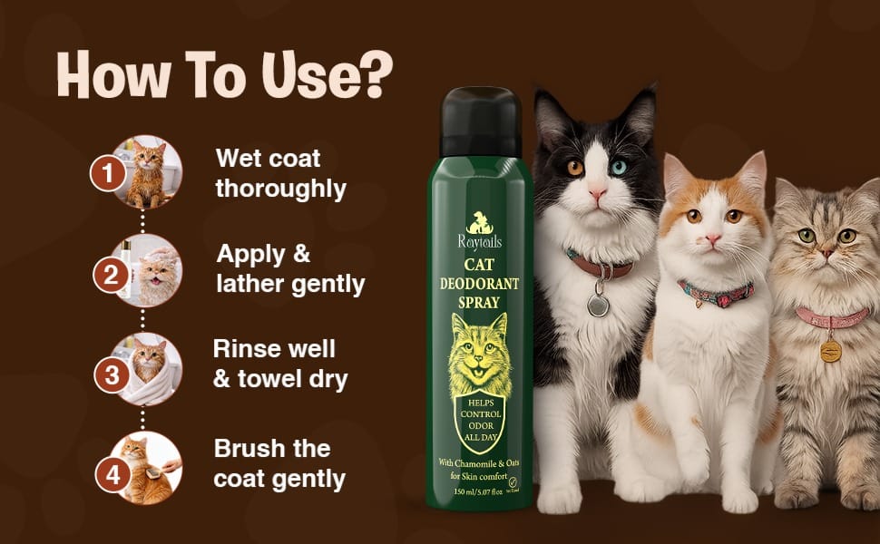 RayTails Cat Deodorant Spray & Pet Perfume for Cats & Kittens | Odor Control & Long-Lasting Freshness | RayTails How to use cat deodorant spray for grooming
