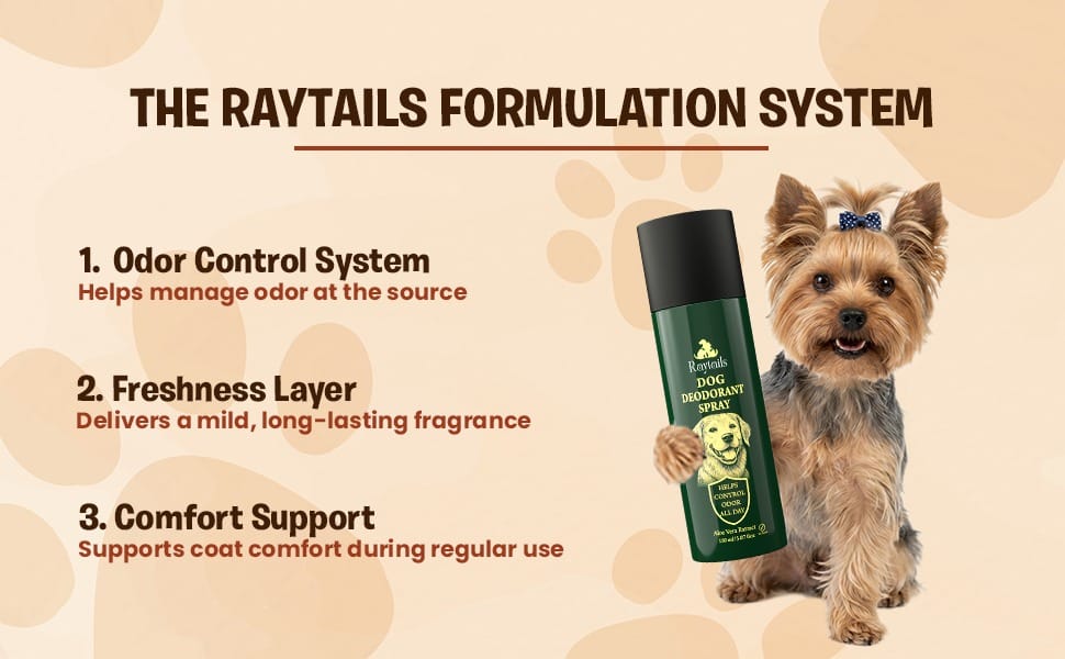 RayTails Dog Deodorant Spray formulation system for odor control and coat freshness