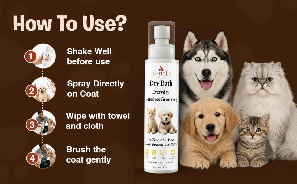 RayTails Waterless Dog Shampoo | Dry Bath Spray for Dogs, Puppies & Odor Control | RayTails Step by step guide to using RayTails dry bath shampoo