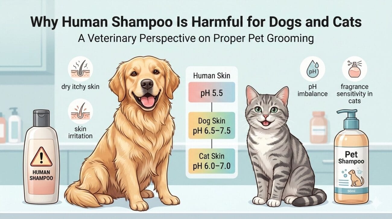 Infographic showing why human shampoo is harmful for dogs and cats, explaining pet skin pH difference and risks like skin irritation, dryness, and pH imbalance.