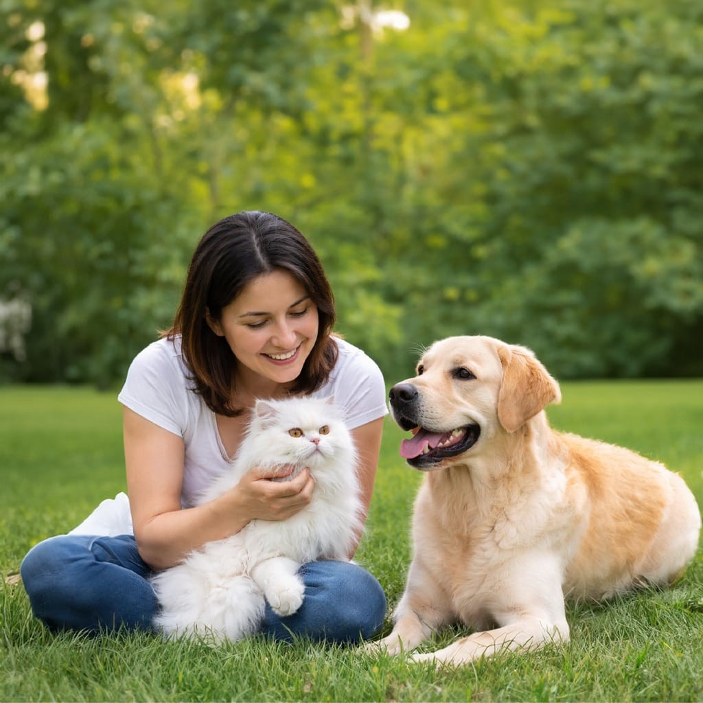 happy dog and cat with owner pet grooming hygiene daily care healthy coat raytails