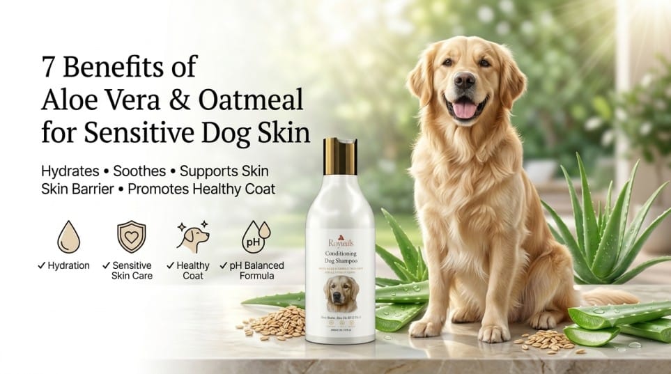 Best dog shampoo for sensitive skin with Aloe Vera and Oatmeal, gentle soothing pet grooming solution for healthy soft coat and itch relief.