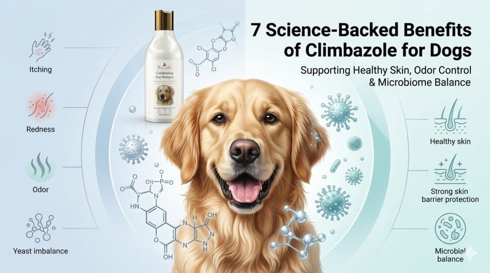 Healthy dog with shiny coat illustrating the benefits of Climbazole for dogs and skin microbiome balance.dog shampoo|pet shampoo|